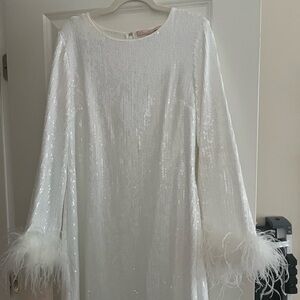 Anthropologie white HUTCH FAUX FEATHER LONG-SLEEVE SEQUIN MINI DRESS, size Large